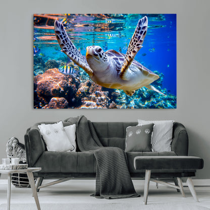 12683-MGV-CV-36X24-Sea Turtle Wall Art – Graceful Ocean Canvas Print with Coral Reef and Tropical Fish, Coastal Marine Life Decor for Beach House,