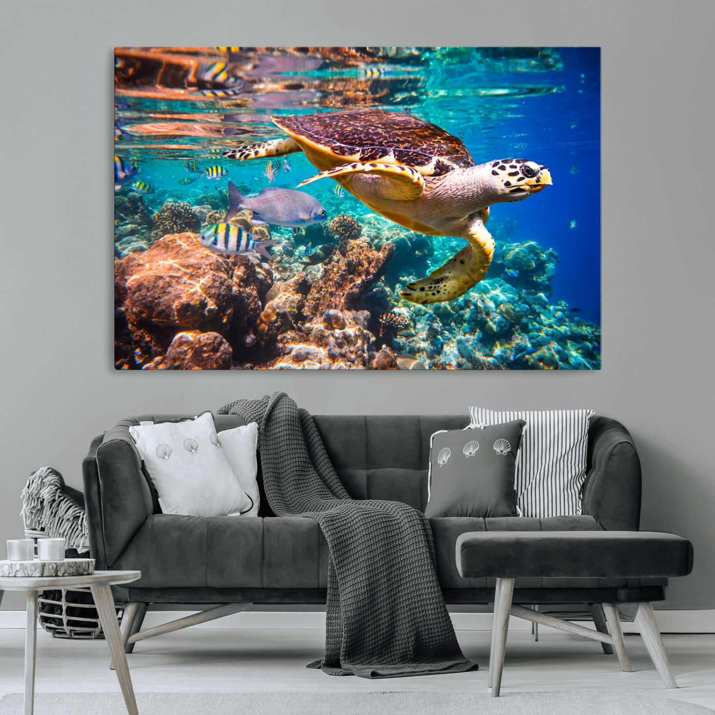 66614-MGV-CV-36X24-Sea Turtle Wall Art – Hawksbill Turtle Swimming Over Coral Reef Canvas Print, Ocean Marine Life Decor for Beach House, Coastal