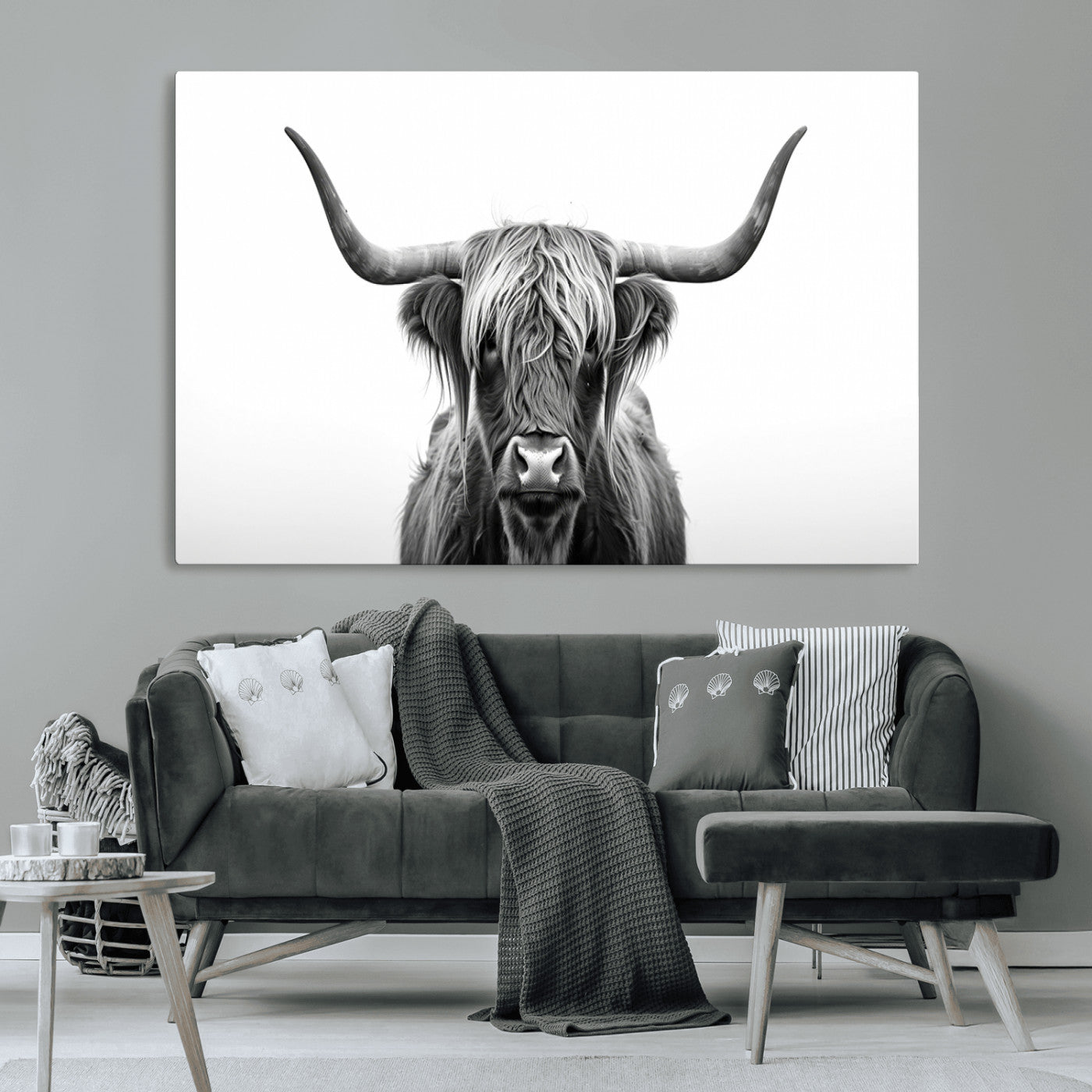 49556-MGV-CV-36X24-Highland Cow Wall Art – Black and White Scottish Highland Cattle Print, Rustic Farmhouse Minimalist Animal Portrait Canvas for