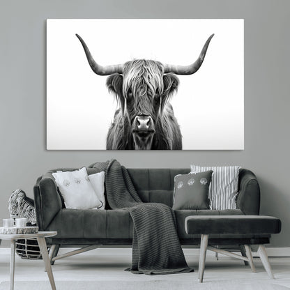 49556-MGV-CV-36X24-Highland Cow Wall Art – Black and White Scottish Highland Cattle Print, Rustic Farmhouse Minimalist Animal Portrait Canvas for