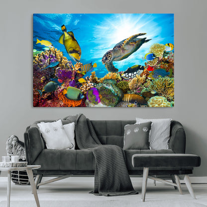 44772-MGV-CV-36X24-Underwater Sea Turtle Wall Art – Vibrant Coral Reef and Tropical Fish Canvas Print, Ocean Marine Life Decor for Living Room,