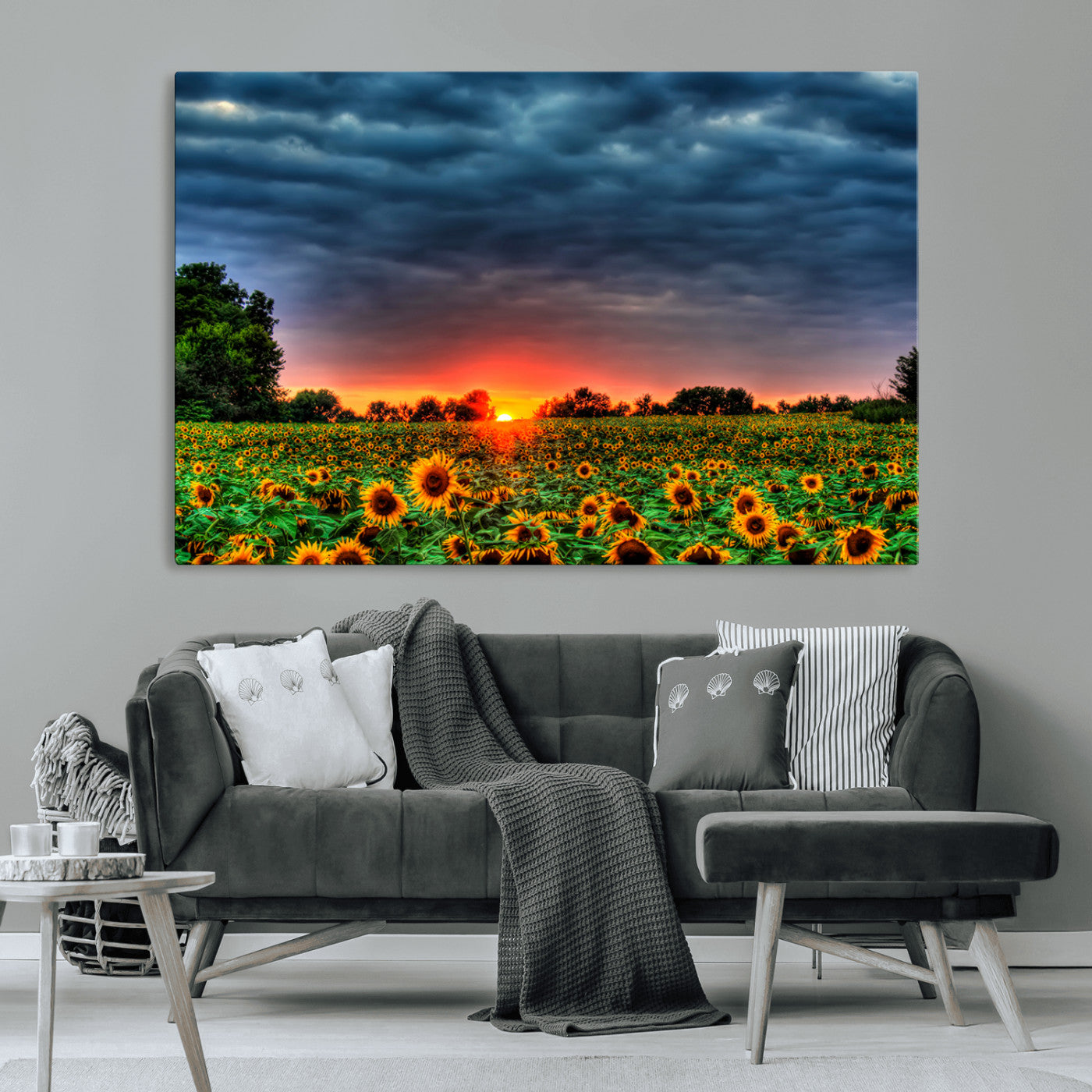 45045-MGV-CV-36X24-Sunflower Field Sunset Wall Art – Dramatic Stormy Sky Landscape Print, Vibrant Yellow Floral Nature Canvas for Living Room,
