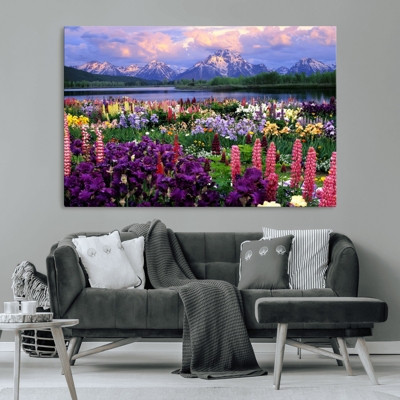 82270-MGV-CV-36X24-Colorful Wildflower Meadow Landscape Wall Art – Snow-Capped Mountain Lake Sunset Print, Vibrant Nature Artwork for Living Room,