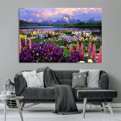 82270-MGV-CV-36X24-Colorful Wildflower Meadow Landscape Wall Art – Snow-Capped Mountain Lake Sunset Print, Vibrant Nature Artwork for Living Room,