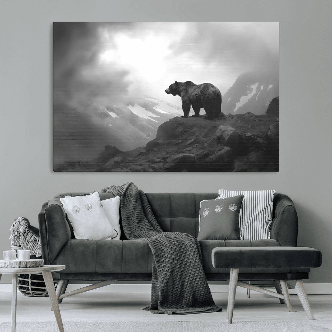 49504-MGV-CV-36X24-Black and White Grizzly Bear Wall Art – Wilderness Wildlife Painting, Rustic Mountain Cabin Decor, Monochrome Animal Print for