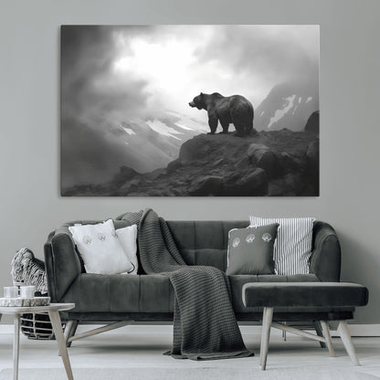 49504-MGV-CV-36X24-Black and White Grizzly Bear Wall Art – Wilderness Wildlife Painting, Rustic Mountain Cabin Decor, Monochrome Animal Print for