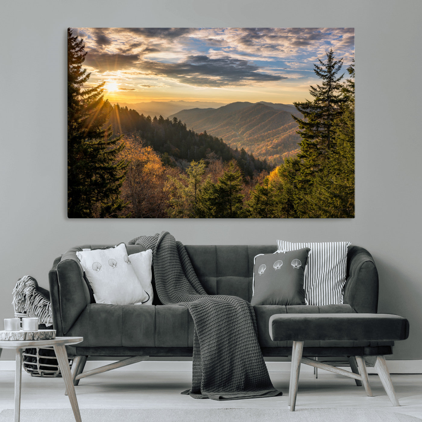 73692479-MGV-CV-36X24-Smoky Mountains Wall Art Canvas Print, Framed Forest Mountain Art Picture Print, Spring Mountain Perfect Spring Style Decor