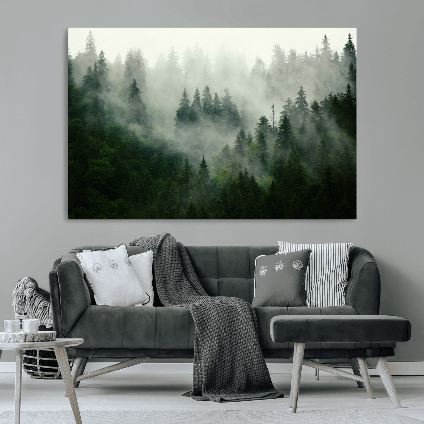 167720496-MGV-CV-36X24-Misty Forest Wall Art – Serene Evergreen Trees Canvas Print, Foggy Mountain Nature Landscape Decor for Bedroom, Living Room or