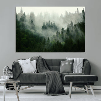 167720496-MGV-CV-36X24-Misty Forest Wall Art – Serene Evergreen Trees Canvas Print, Foggy Mountain Nature Landscape Decor for Bedroom, Living Room or