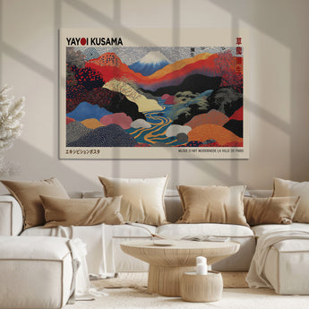 49228-MGV-FC-93X47-3P_Black-Kusama Wall Art – Vibrant Japanese Landscape Canvas Print, Modern Abstract Mountain and River Decor for Living Room, Office or Art