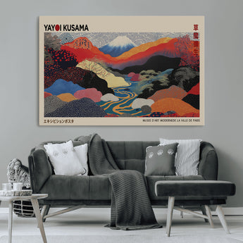 49228-MGV-FC-93X47-3P_Black-Kusama Wall Art – Vibrant Japanese Landscape Canvas Print, Modern Abstract Mountain and River Decor for Living Room, Office or Art