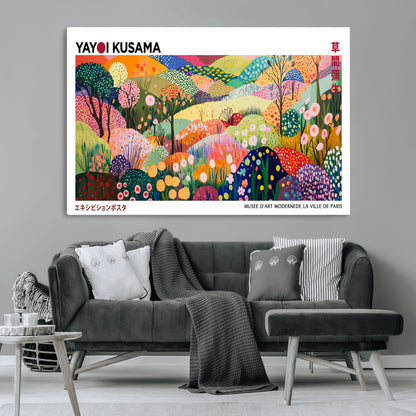 75201-MGV-CV-36X24-Yayoi Kusama Floral Wall Art – Vibrant Abstract Landscape Canvas Print, Modern Pop Art Poster for Living Room, Bedroom, or Gallery