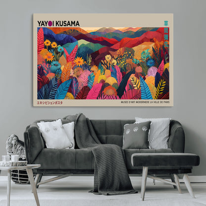 70959-MGV-CV-36X24-Yayoi Kusama Inspired Wall Art – Bold Floral Landscape Canvas Print, Vibrant Modern Abstract Poster for Living Room, Bedroom, or