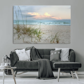 Test1001-MGV-CV-36X24-Coastal Beach Wall Art – Panoramic Ocean Waves and Sandy Dunes Canvas Print, Serene Seascape with Sea Oats for Relaxing Home or