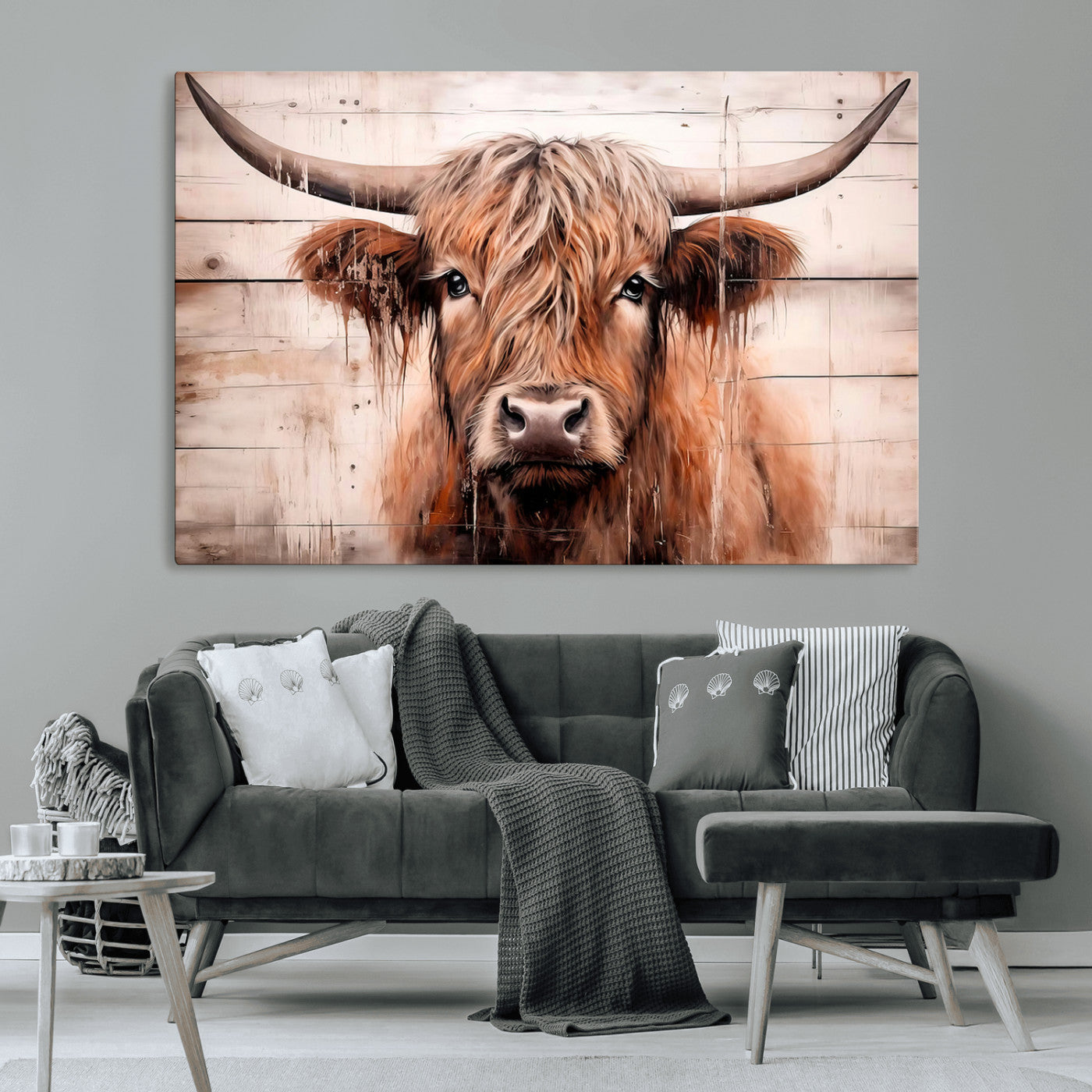 93730-MGV-CV-36X24-Scottish Cow Wall Art Canvas Print, Framed Longhorn Cow Art Picture Print, Highland Cattle Perfect Rustic Farmhouse Decor Artwork