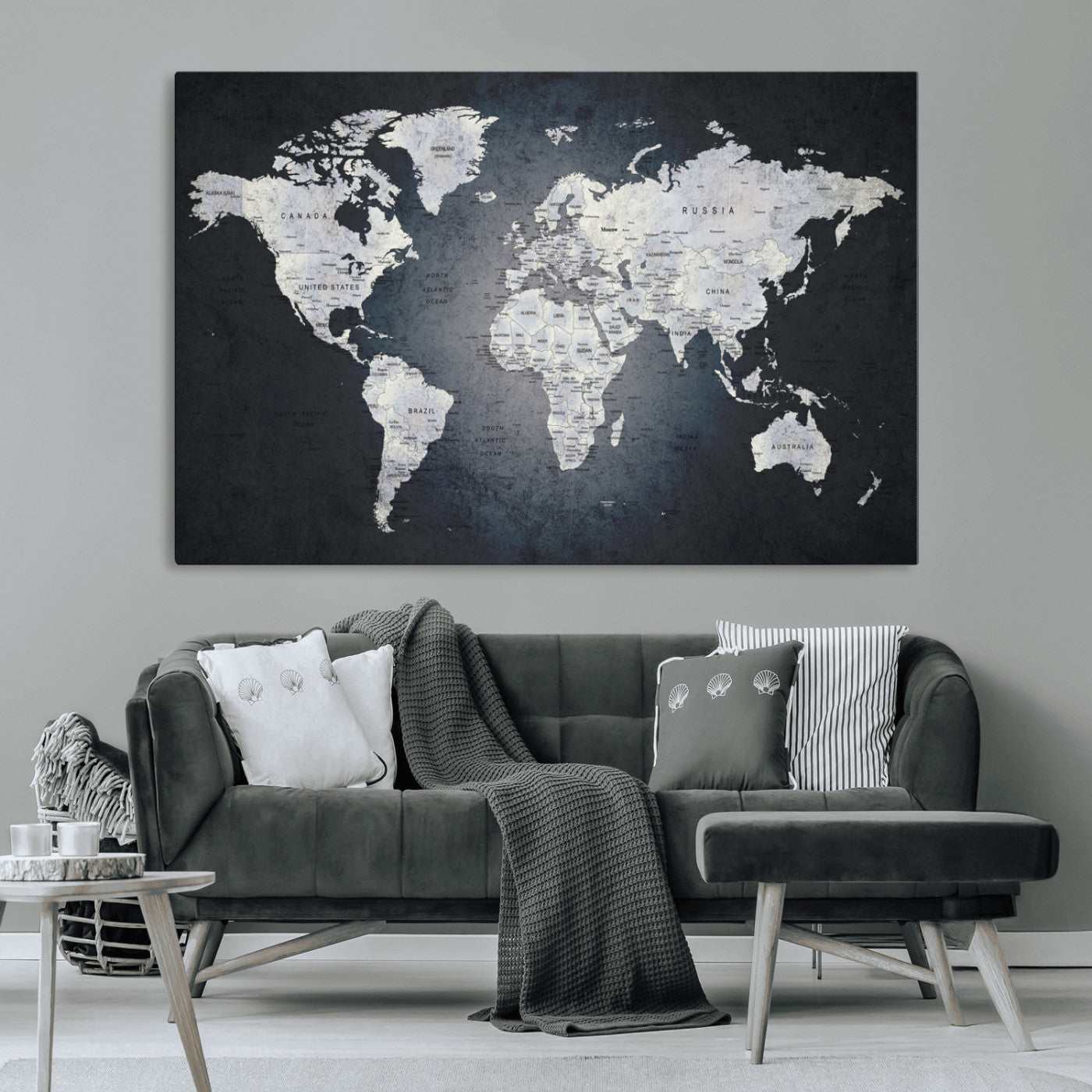 19124-MGV-CV-36X24-Modern World Map Wall Art – Black and White Canvas Print, Minimalist Global Map Decor for Office, Study, Bedroom or Living Room
