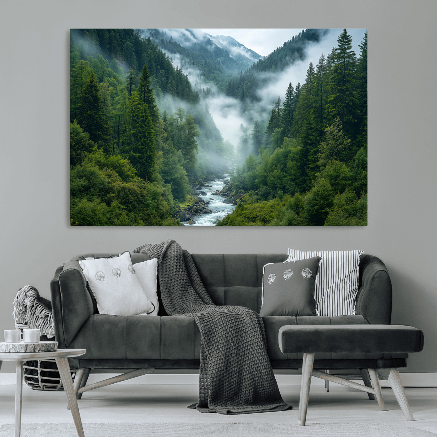 69453-MGV-CV-36X24-Mountain Forest Wall Art – Misty River and Evergreen Landscape Canvas Print, Nature Photography Poster for Living Room, Bedroom,