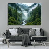 69453-MGV-CV-36X24-Mountain Forest Wall Art – Misty River and Evergreen Landscape Canvas Print, Nature Photography Poster for Living Room, Bedroom,