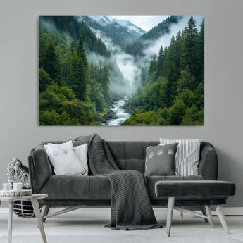 69453-MGV-CV-36X24-Mountain Forest Wall Art – Misty River and Evergreen Landscape Canvas Print, Nature Photography Poster for Living Room, Bedroom,