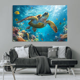 37623-MGV-CV-36X24-Sea Turtle Wall Art – Underwater Ocean Canvas Print with Coral Reef and Tropical Fish, Marine Life Painting Poster for Living