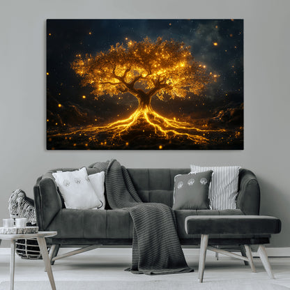 60194-MGV-CV-36X24-Glowing Tree Wall Art – Golden Roots Fantasy Canvas Print, Mystical Illuminated Tree Painting Poster for Living Room, Bedroom,