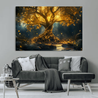 92739-MGV-CV-36X24-Glowing Tree Wall Art – Enchanted Golden Forest Canvas Print, Mystical Illuminated Nature Painting Poster for Living Room,