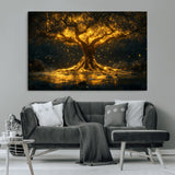59580-MGV-CV-36X24-Glowing Tree Wall Art – Golden Fantasy Nature Canvas Print, Mystical Illuminated Tree Painting Poster for Living Room, Bedroom,
