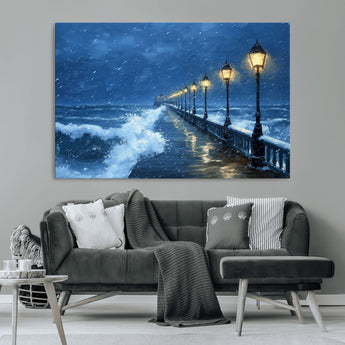 32668-MGV-CV-36X24-Stormy Pier Wall Art – Ocean Waves and Street Lamps Canvas Print, Rainy Night Seascape Oil Painting Poster for Living Room,