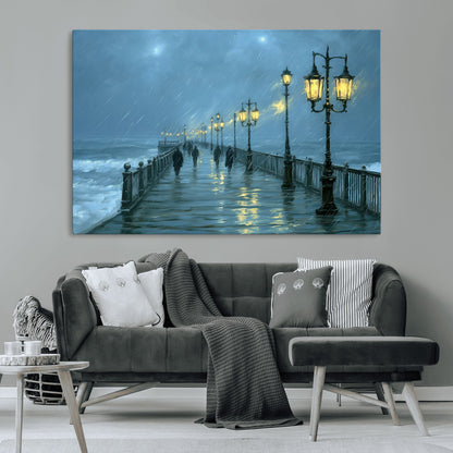 79606-MGV-CV-36X24-Rainy Pier Night Wall Art – Ocean Waves and Street Lamps Canvas Print, Moody Seascape Oil Painting Poster for Living Room,