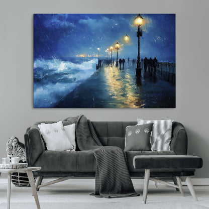 94571-MGV-CV-36X24-Seaside Night Wall Art – Ocean Waves and Street Lamps Canvas Print, Rainy City Pier Oil Painting Poster for Living Room, Bedroom,