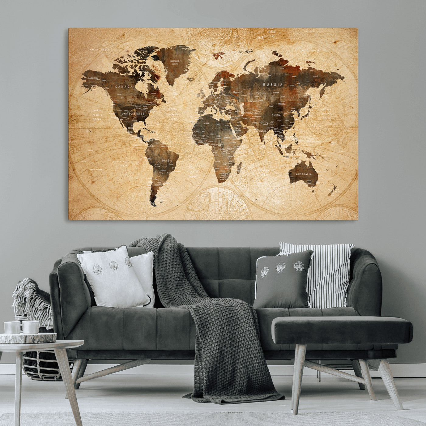 29278-MGV-CV-36X24-World Map Wall Art – Rustic Vintage Earth Tone Canvas Print, Antique Style Global Map Poster for Living Room, Bedroom, Office or