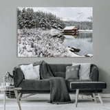 94285-MGV-CV-36X24-Snowy Cabin Wall Art Canvas Print, Framed Winter Cabin Art Picture Print, Mountain Lake Perfect Snowy Nature Decor Artwork
