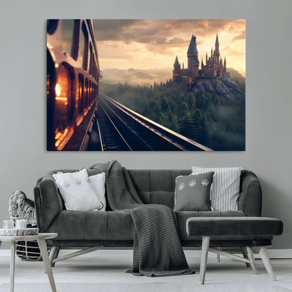 84029-MGV-CV-36X24-Fantasy Castle Wall Art – Magical Train Sunset Forest Canvas Print, Enchanted Landscape Painting Poster for Living Room, Bedroom,