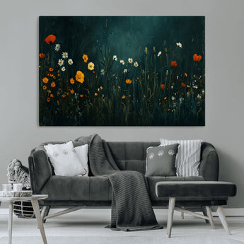 87037-MGV-CV-36X24-Wildflower Wall Art – Dark Botanical Floral Canvas Print, Modern Nature Painting Poster with Daisies Poppies Orange Flowers for