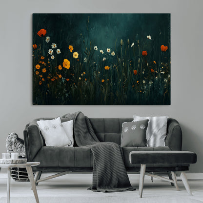 87037-MGV-CV-36X24-Wildflower Wall Art – Dark Botanical Floral Canvas Print, Modern Nature Painting Poster with Daisies Poppies Orange Flowers for