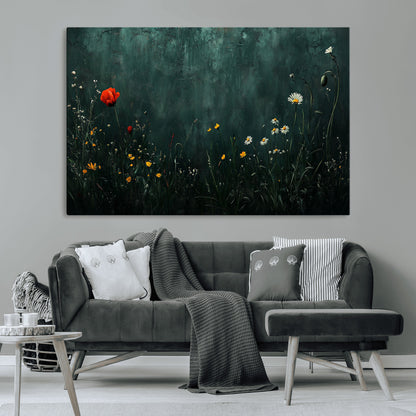 26218-MGV-CV-36X24-Wildflower Wall Art – Dark Botanical Floral Canvas Print, Modern Nature Painting Poster with Daisy Poppy Yellow Flowers for Living