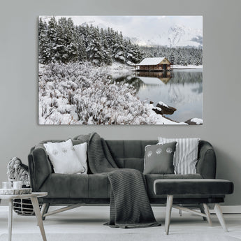 29975-MGV-CV-36X24-Winter Cabin by the Lake Wall Art – Snowy Mountain Landscape Canvas Print, Rustic Lodge Cabin Decor for Cozy Living Room, Bedroom