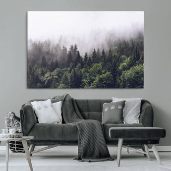 42578900-MGV-CV-36X24-Misty Forest Wall Art – Serene Mountain Pine Tree Canvas Print, Nature Landscape Decor for Bedroom, Living Room, Office or Rustic