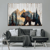 90077-MGV-CV-36X24-Wood Grizzly Bear Wall Art Canvas Print, Framed Abstract Bear Art Picture Print, Bear in Forest Perfect Rustic Lodge Decor Artwork