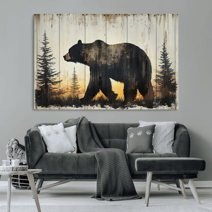 83875-MGV-CV-36X24-Sunset Bear Wall Art – Rustic Wildlife Canvas Print with Forest Silhouette, Cabin Lodge Decor for Living Room or Office