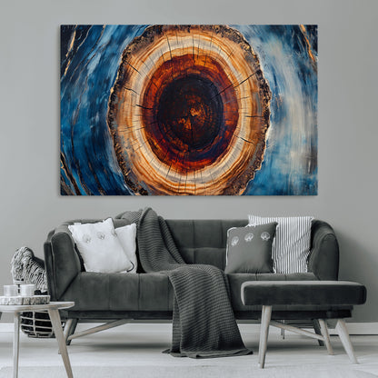 30457-MGV-CV-36X24-Tree Ring Abstract Wall Art – Blue and Brown Wood Grain Canvas Print, Modern Nature Inspired Painting for Rustic Living Room,