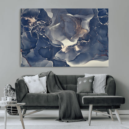28282-MGV-CV-36X24-Blue Abstract Wall Art – Modern Ink Swirl Canvas Print, Contemporary Navy and Gold Painting for Living Room, Bedroom, Office or