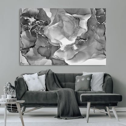15911-MGV-CV-36X24-Black and White Abstract Wall Art – Modern Ink Swirl Canvas Print, Minimalist Contemporary Painting for Living Room, Bedroom,