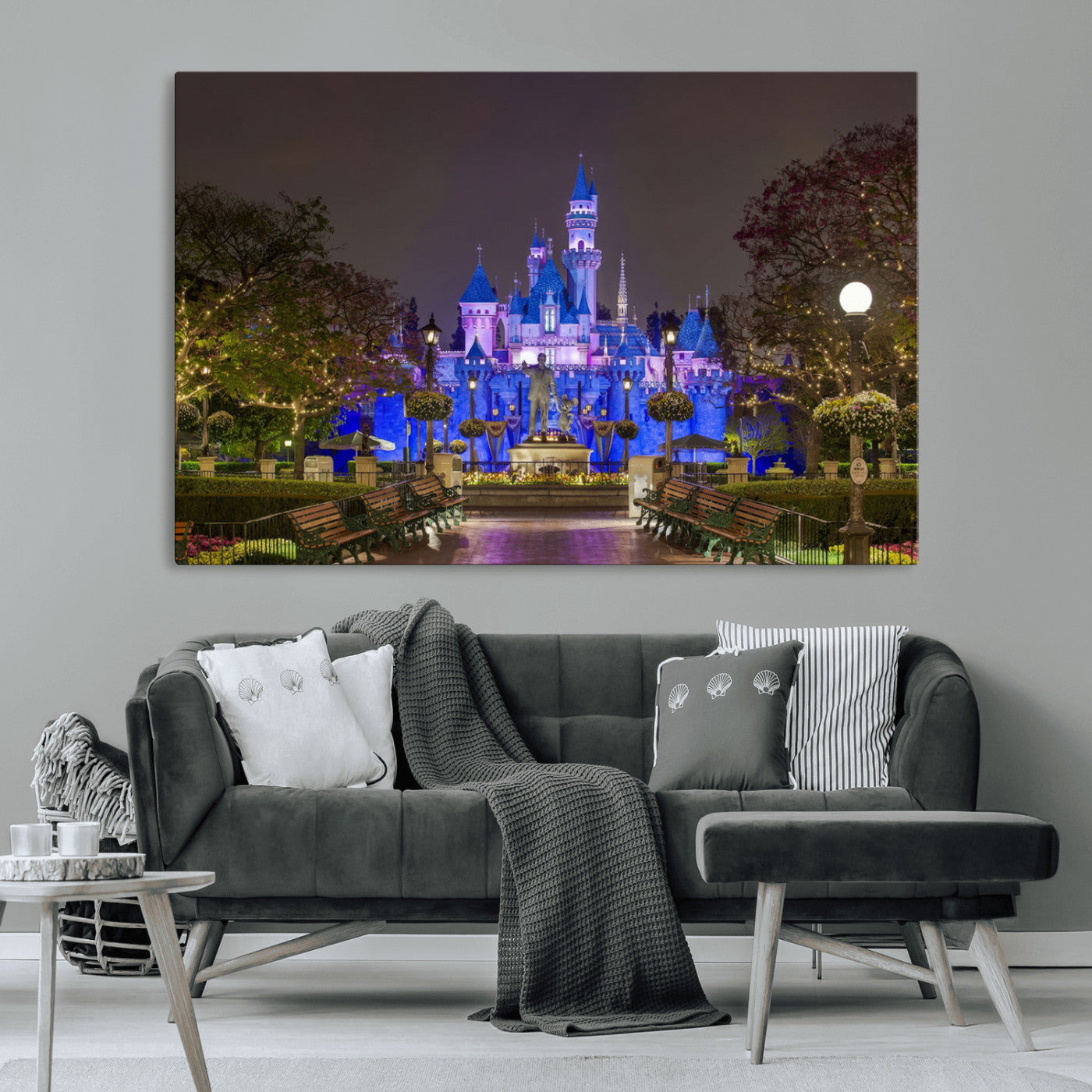 63560-MGV-CV-36X24-Fairy Tale Castle Wall Art – Magical Night Scene Canvas Print with Lights and Gardens, Fantasy Architecture Artwork for Living