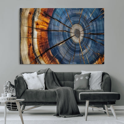 10583-MGV-CV-36X24-Tree Ring Wall Art – Abstract Wood Grain Canvas Print with Blue and Brown Tones, Nature Inspired Rustic Artwork for Living Room,