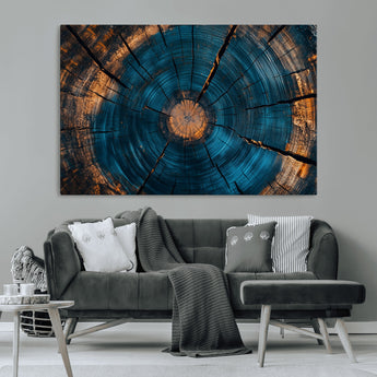 13398-MGV-CV-36X24-Tree Ring Wall Art – Abstract Wood Grain Canvas Print with Blue and Orange Accents, Rustic Nature Inspired Artwork for Living
