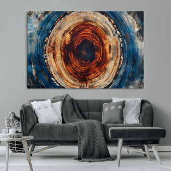 90395-MGV-CV-36X24-Tree Ring Wall Art – Abstract Wood Grain Canvas Print with Fiery Red and Blue Tones, Bold Rustic Nature Inspired Artwork Decor for