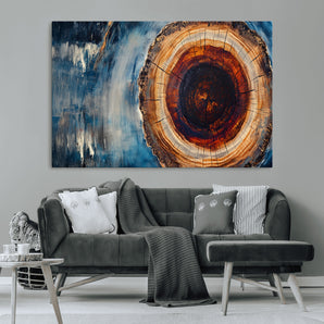 48045-MGV-CV-36X24-Tree Ring Abstract Wall Art – Rustic Wood Grain Canvas Print with Brown Center and Blue Brush Strokes, Nature Inspired Artwork for