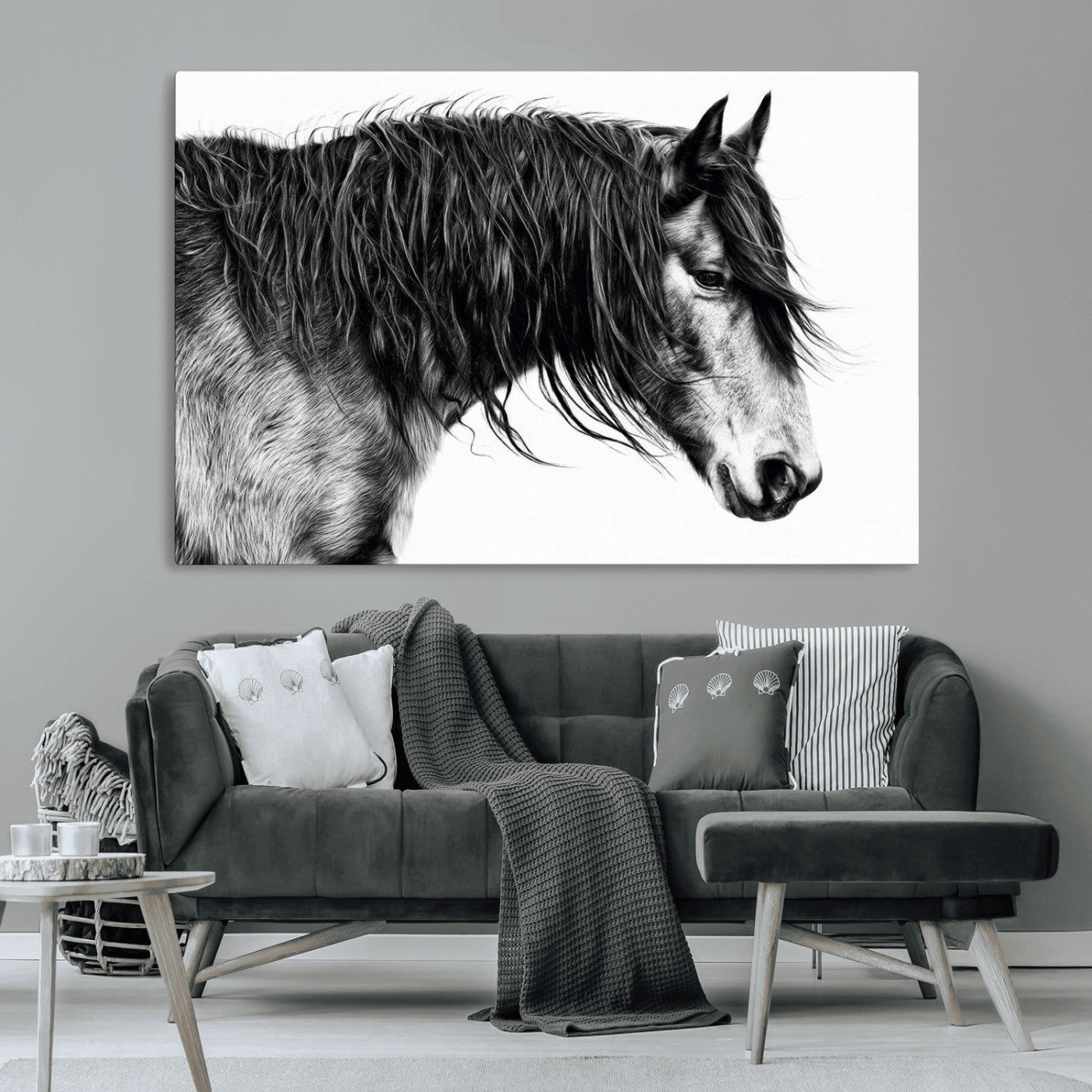 57694-MGV-CV-36X24-Horse Portrait Wall Art – Black and White Canvas Print with Detailed Stallion Profile, Rustic Farmhouse Equestrian Artwork for
