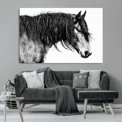 57694-MGV-CV-36X24-Horse Portrait Wall Art – Black and White Canvas Print with Detailed Stallion Profile, Rustic Farmhouse Equestrian Artwork for